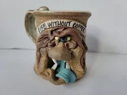 VINTAGE  3D UGLY FUNNY POTTERY MUG STONEWARE LIFE WITHOUT COFFEE