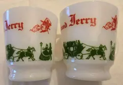 VINTAGE TOM AND JERRY EGG NOG MILK GLASS FOOTED HOLIDAY CUP SET OF 2 HAZEL ATLAS