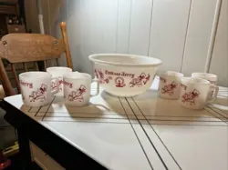 VINTAGE HAZEL ATLAS MILK GLASS CHRISTMAS TOM AND JERRY SET BOWL AND MUGS