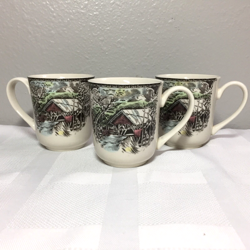 VINTAGE JOHNSON BROS THE FRIENDLY VILLAGE COVERED BRIDGE COFFEE MUGS SET OF 3
