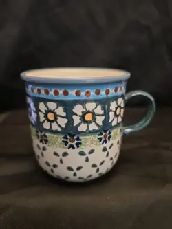 VINTAGE BOLESLAWIEC HAND MADE IN POLAND POLISH POTTERY MUG COFFEE CUP BLUE