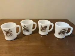 VINTAGE FIRE KING GAME BIRDS COFFEE MUGS D-HANDLE MILK GLASS
