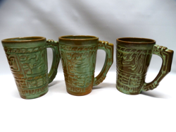 SET OF 3 VINTAGE FRANKOMA POTTERY MAYAN AZTEC 7M COFFEE MUGS PRAIRIE GREEN EUC