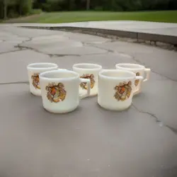 VINTAGE FIRE KING ESSO TIGER PROMOTIONAL MILK GLASS COFFEE MUGS 1950S LOT OF 5
