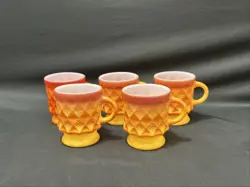 VINTAGE ANCHOR HOCKING FIRE KING ORANGE KIMBERLY DIAMOND MUGS SET OF 5