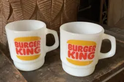 VINTAGE (2) ANCHOR HOCKING FIRE KING WHITE MILK GLASS - BURGER KING MUG CUP