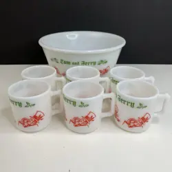 VTG HAZEL ATLAS TOM & JERRY MILK GLASS EGG NOG PUNCH BOWL SET W/ 6 MUGS
