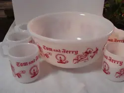 VINTAGE HAZEL ATLAS TOM JERRY GLASS CHRISTMAS PUNCH BOWL SET 8 MUGS EGG NOG